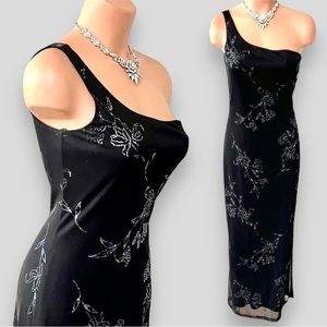 Vintage 90s shimmery one shoulder black dinner cocktail party dress evening gown